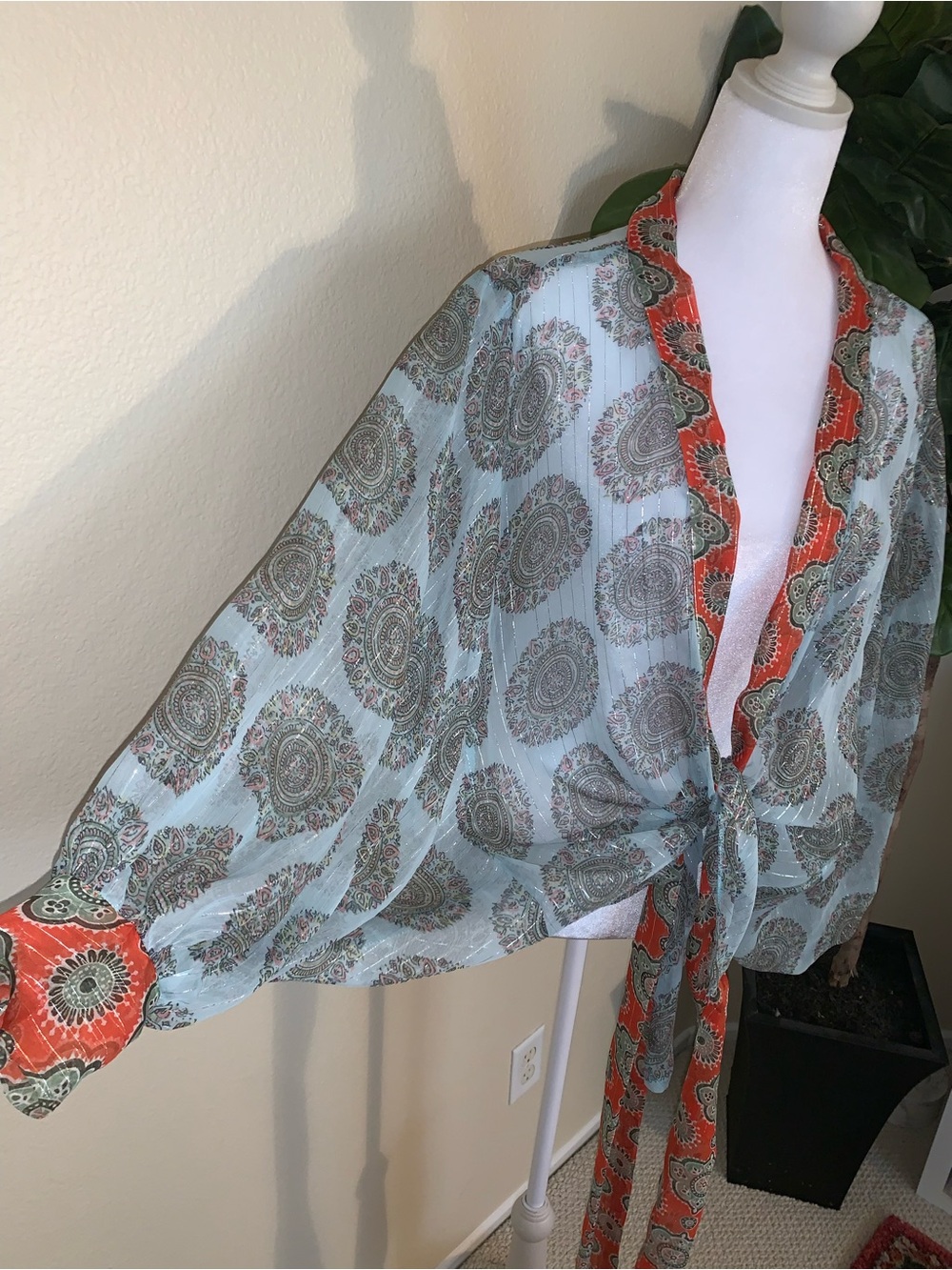 Free People Cool Blue Paisley Print Top with Coral Trim